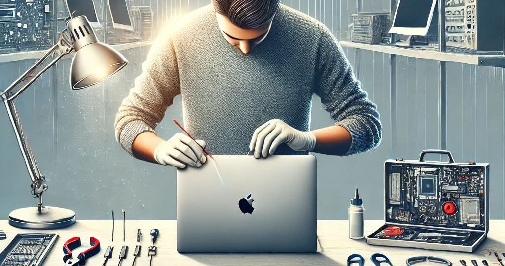 DALL·E 2025-03-14 12.40.10 - A modern and professional image of a MacBook repair service in NYC. The scene includes a technician carefully repairing a MacBook on a clean workbench