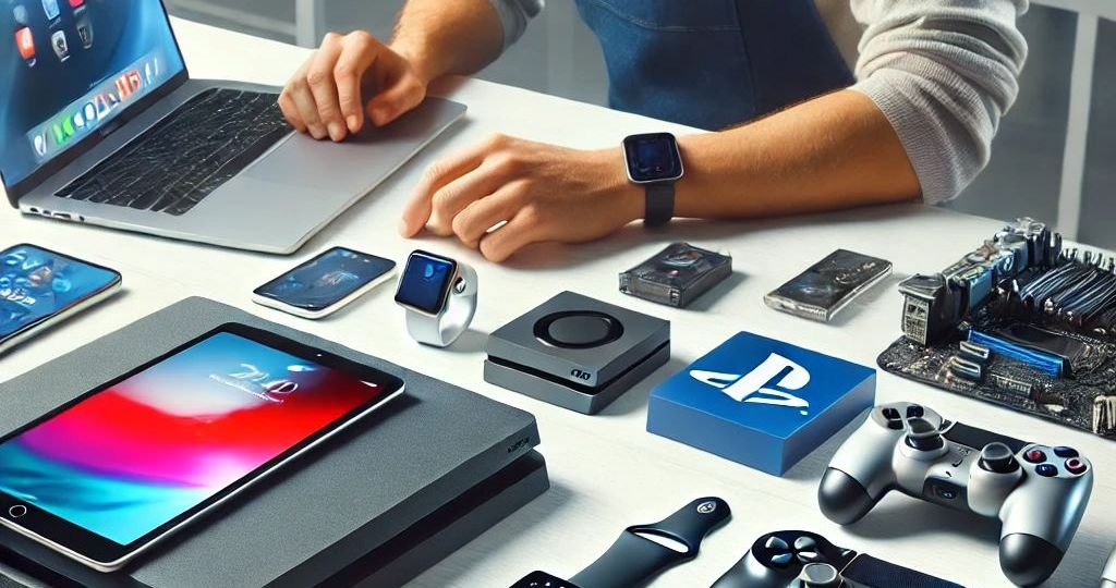 DALL·E 2025-03-15 10.14.25 - A professional, modern image showcasing a tech repair shop offering iPhone, MacBook, iPad, Apple Watch, and PlayStation repair services. The scene sho